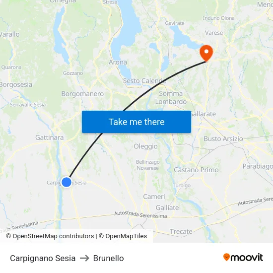 Carpignano Sesia to Brunello map