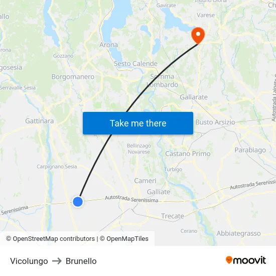 Vicolungo to Brunello map