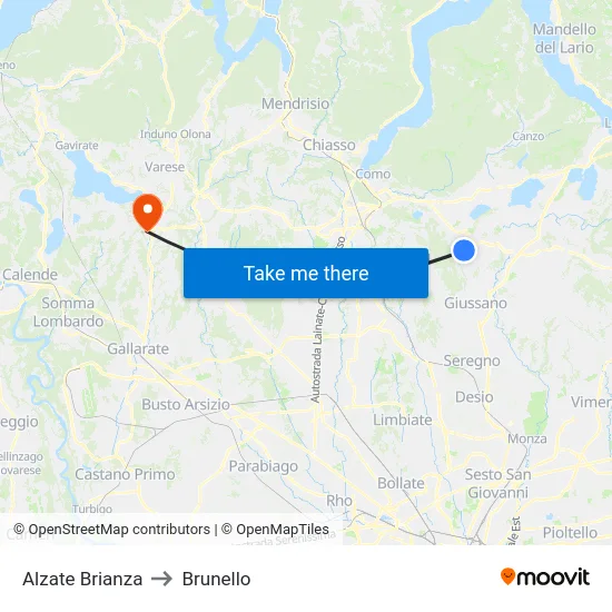 Alzate Brianza to Brunello map