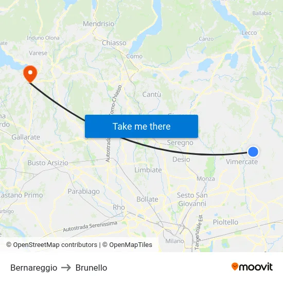 Bernareggio to Brunello map