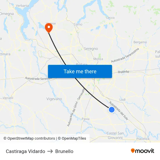 Castiraga Vidardo to Brunello map