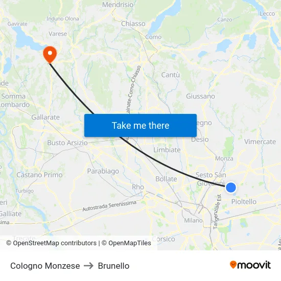 Cologno Monzese to Brunello map