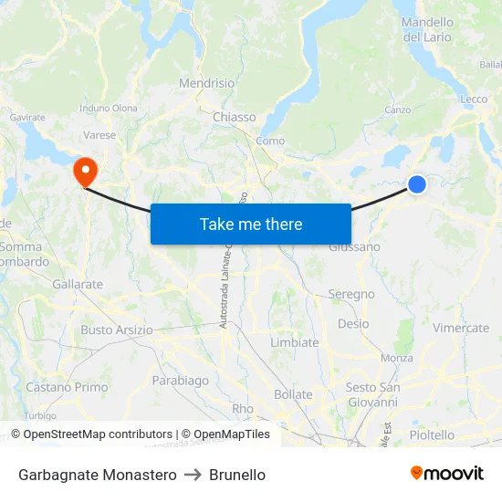 Garbagnate Monastero to Brunello map