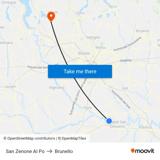 San Zenone al Po to Brunello map
