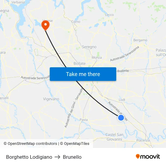 Borghetto Lodigiano to Brunello map