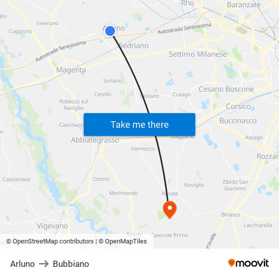 Arluno to Bubbiano map