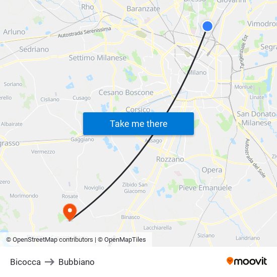 Bicocca to Bubbiano map