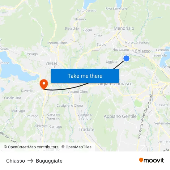 Chiasso to Buguggiate map