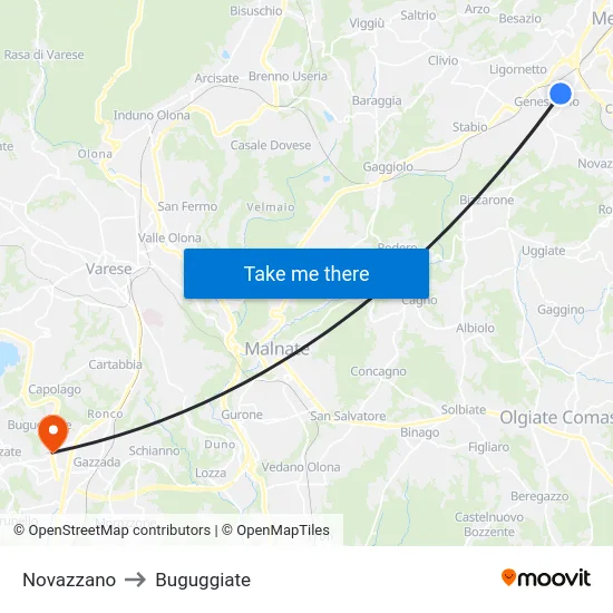 Novazzano to Buguggiate map