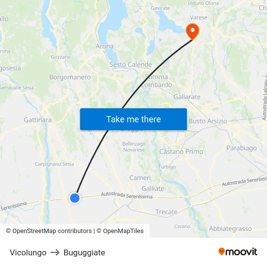 Vicolungo to Buguggiate map
