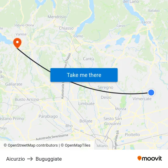 Aicurzio to Buguggiate map