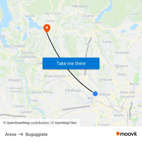 Arese to Buguggiate map