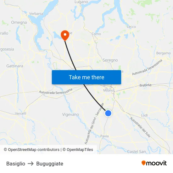 Basiglio to Buguggiate map