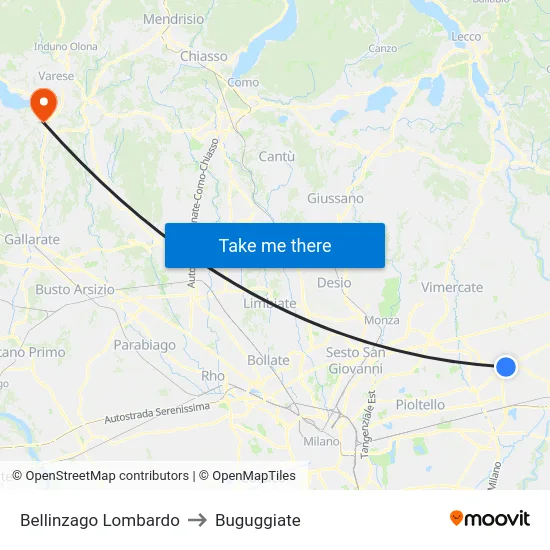 Bellinzago Lombardo to Buguggiate map