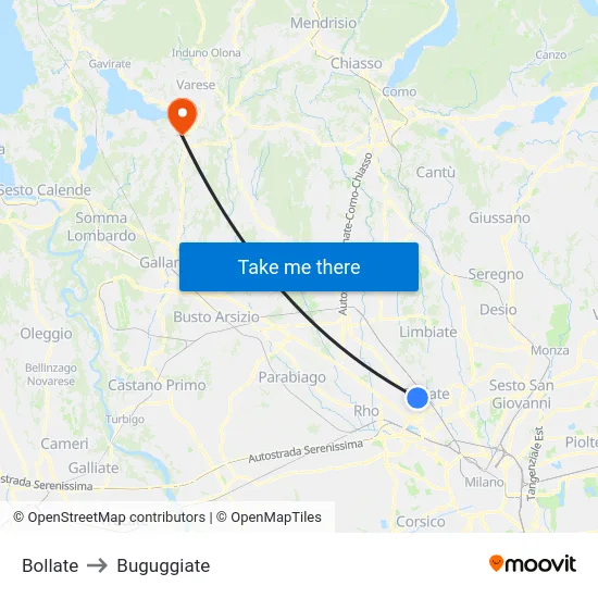 Bollate to Buguggiate map