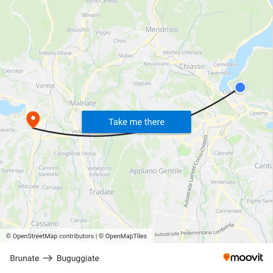 Brunate to Buguggiate map