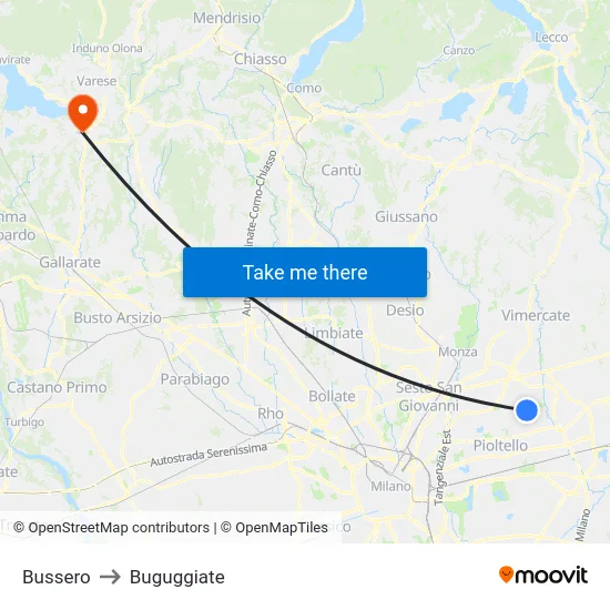 Bussero to Buguggiate map