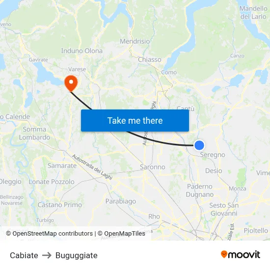 Cabiate to Buguggiate map
