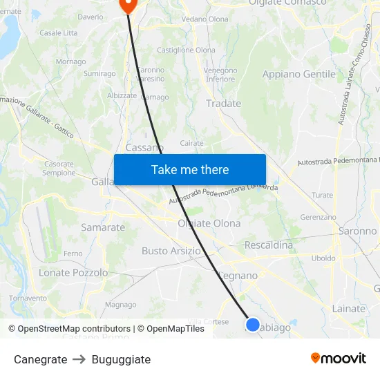 Canegrate to Buguggiate map