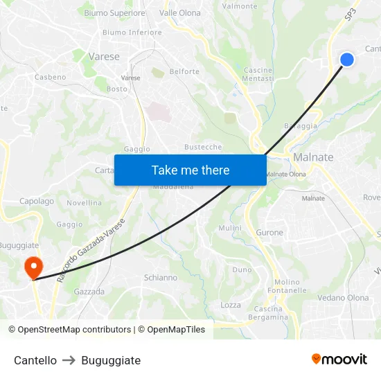 Cantello to Buguggiate map