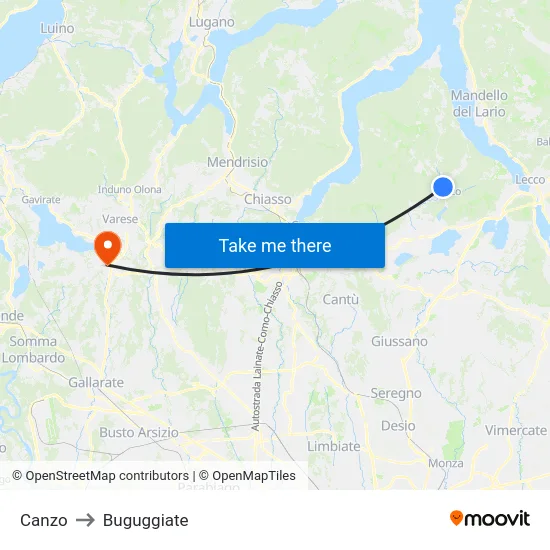 Canzo to Buguggiate map