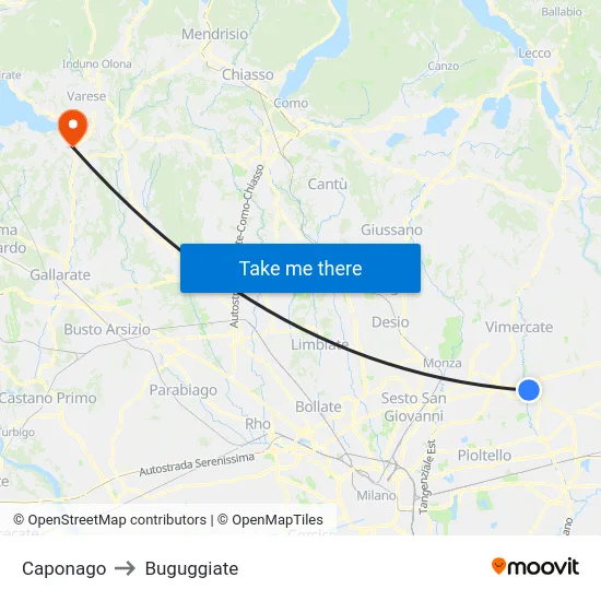 Caponago to Buguggiate map