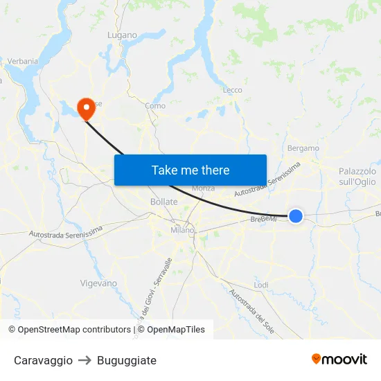 Caravaggio to Buguggiate map