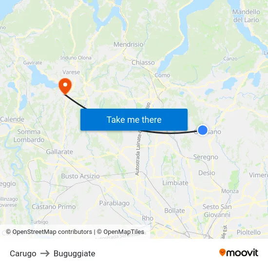 Carugo to Buguggiate map