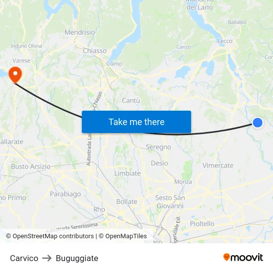 Carvico to Buguggiate map