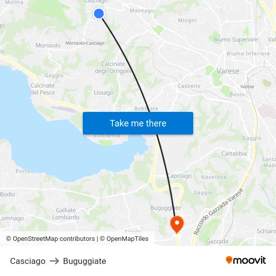 Casciago to Buguggiate map