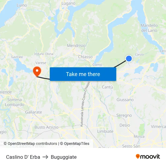 Caslino d'Erba to Buguggiate map