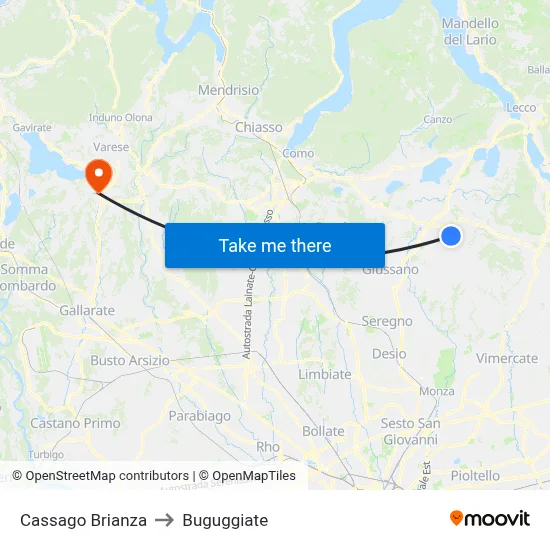 Cassago Brianza to Buguggiate map