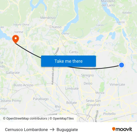 Cernusco Lombardone to Buguggiate map