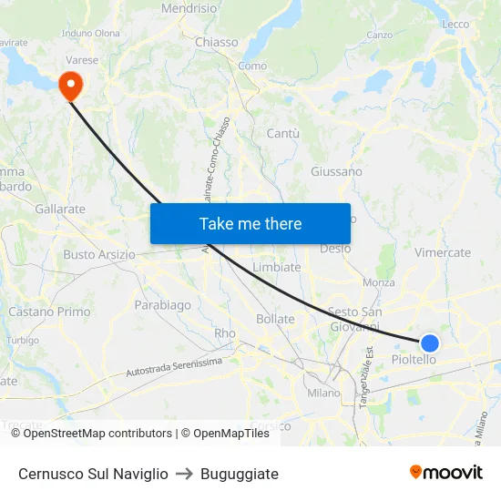 Cernusco Sul Naviglio to Buguggiate map