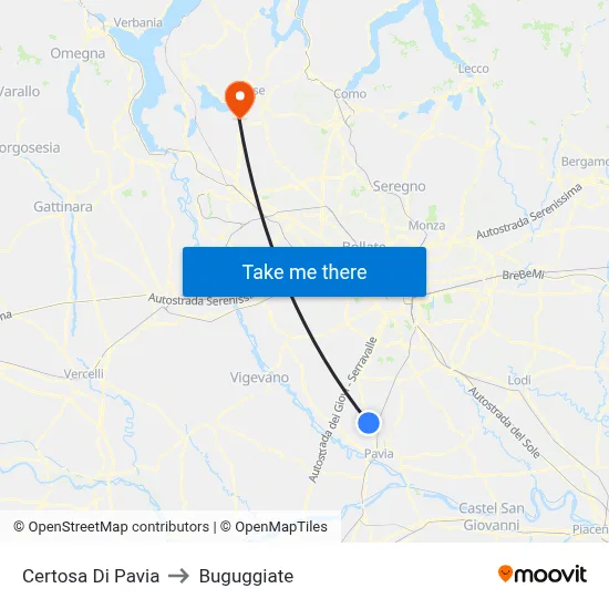 Certosa Di Pavia to Buguggiate map