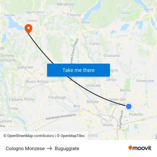 Cologno Monzese to Buguggiate map