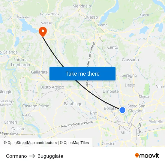 Cormano to Buguggiate map