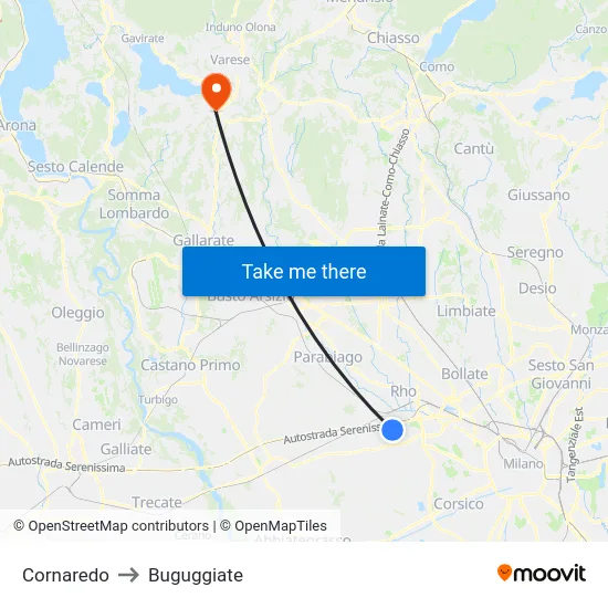 Cornaredo to Buguggiate map