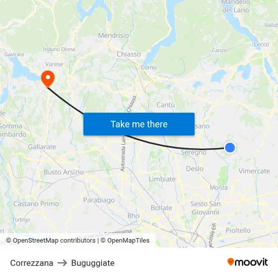 Correzzana to Buguggiate map