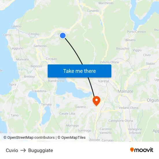 Cuvio to Buguggiate map