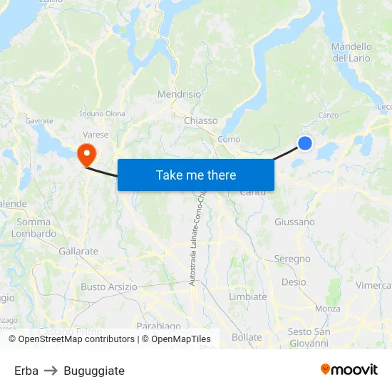 Erba to Buguggiate map