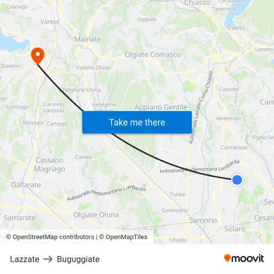 Lazzate to Buguggiate map