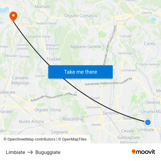 Limbiate to Buguggiate map