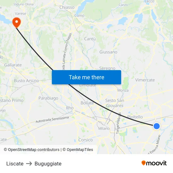 Liscate to Buguggiate map