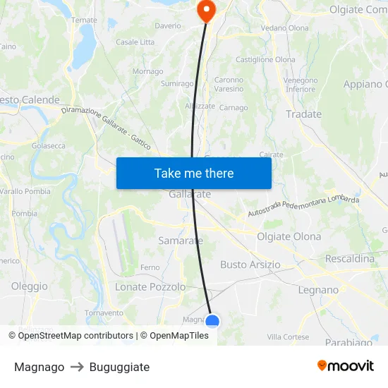 Magnago to Buguggiate map