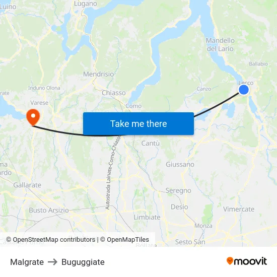 Malgrate to Buguggiate map