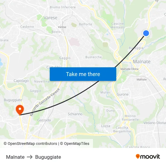 Malnate to Buguggiate map