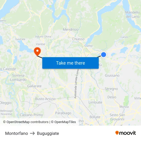 Montorfano to Buguggiate map