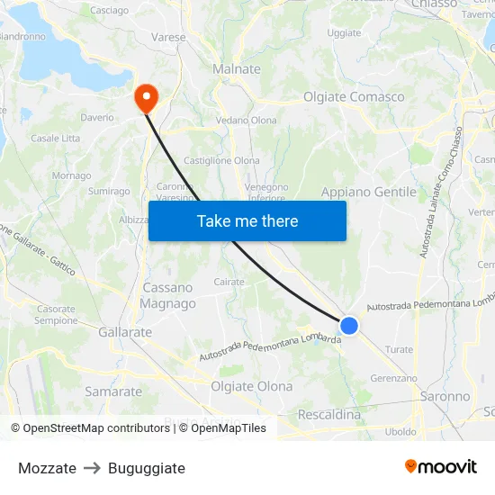 Mozzate to Buguggiate map