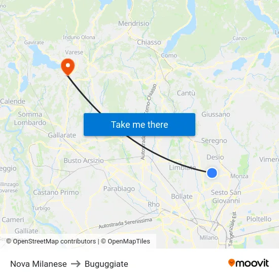 Nova Milanese to Buguggiate map